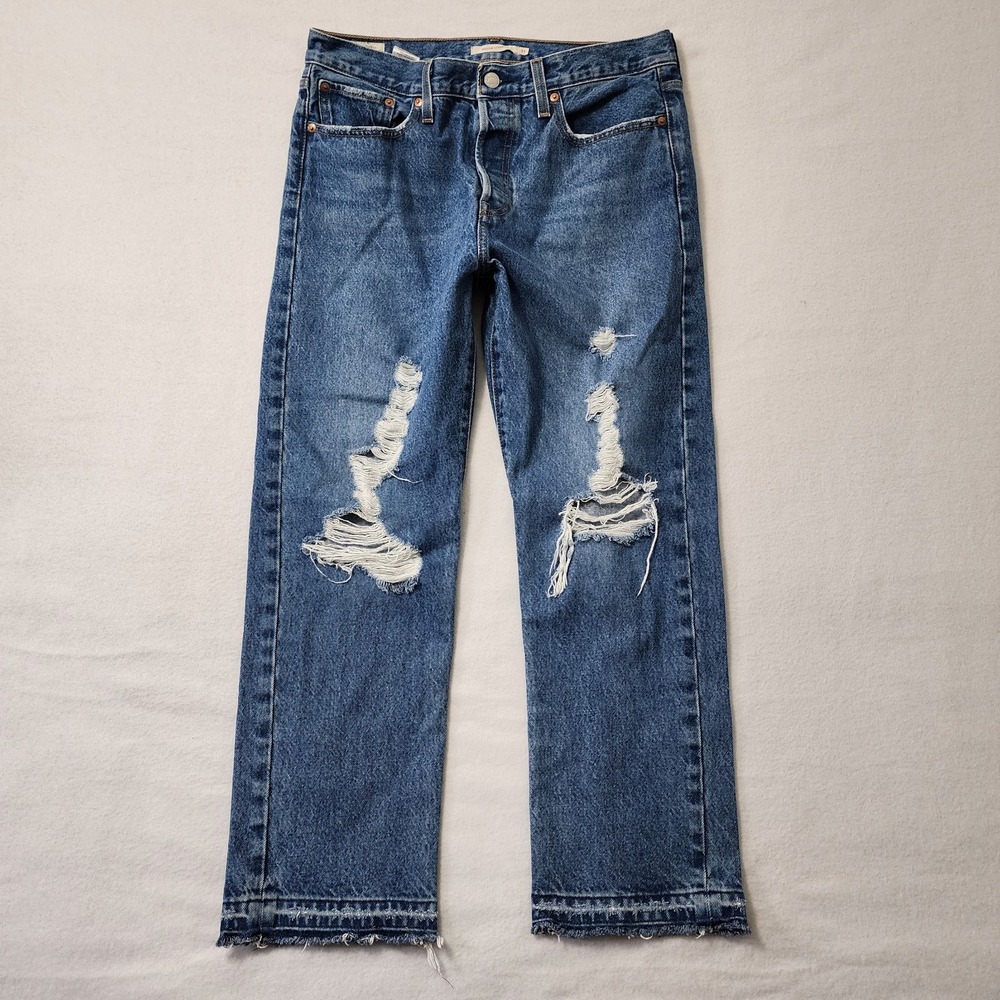Levis Wedgie Ribcage Jeans Womens 31x26 Blue Distressed Premium Fryed Button Fly